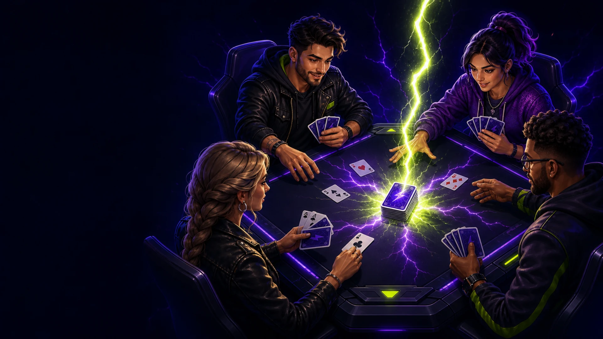 Four Pile Raid players around an electric card table